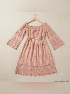 mahina Dusty Pink Off-Shoulder Lace Midi Dress